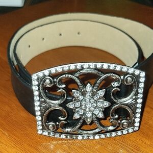 White House Black Market Black Belt with Silver Floral Buckle